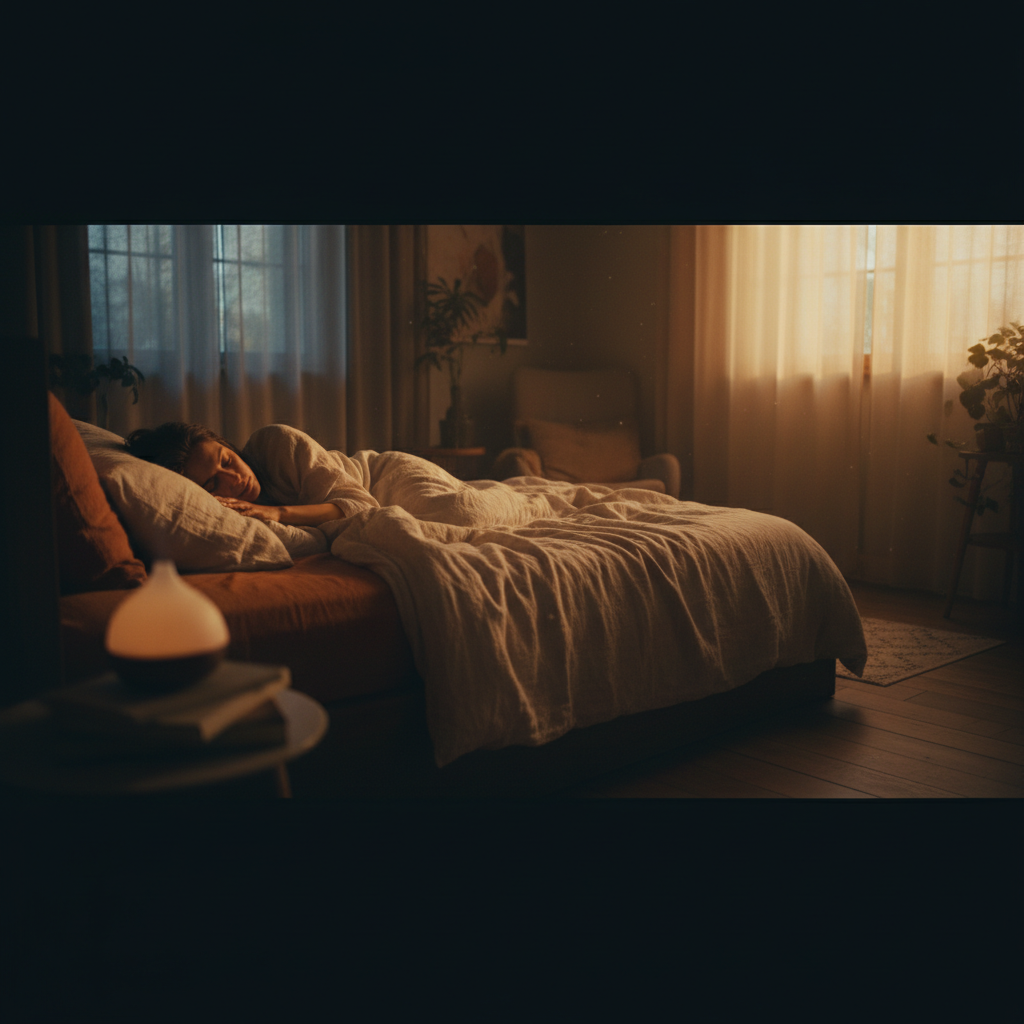 Person sleeping peacefully in a dark bedroom with soft warm moonlight