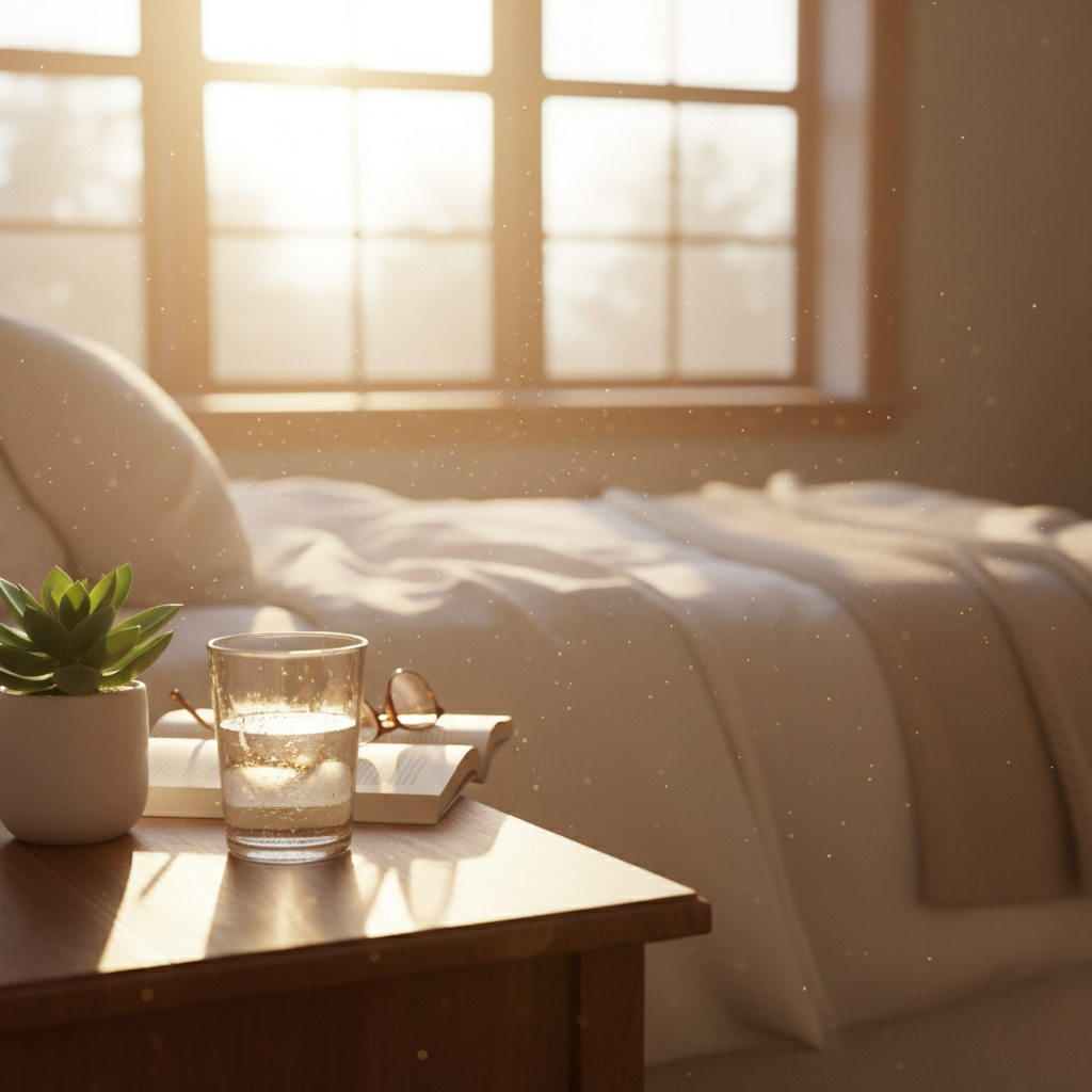 Early morning golden sunlight on a bedside table with water and plant