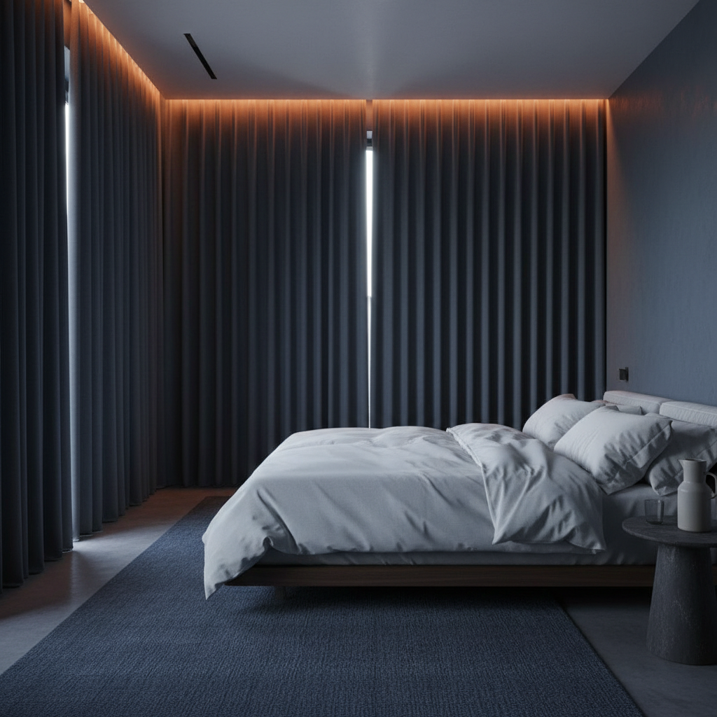 Cool dark bedroom optimized for sleep with blackout curtains