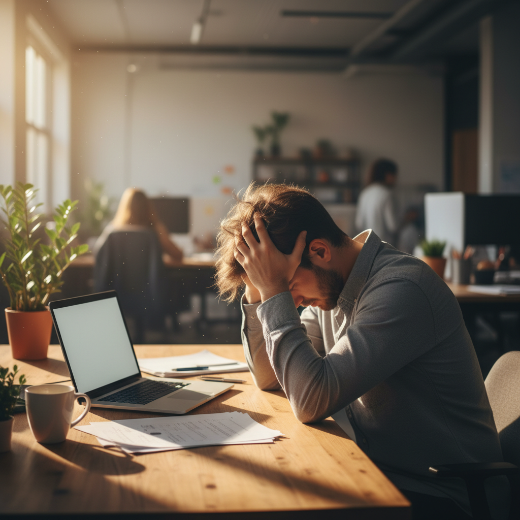 Person at desk with head in hands showing exhaustion