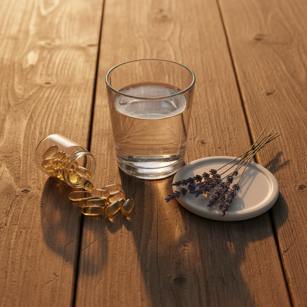 Flat lay of sleep supplements: magnesium capsules, water, and lavender on wooden surface